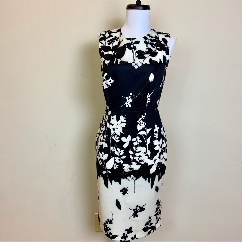 DKNY Cream and Black Floral Print Midi Dress